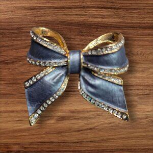 Gold Tone Blue Bow Pin With Rhinestones Vintage Style Elegant 2” Brooch Pre-Owne